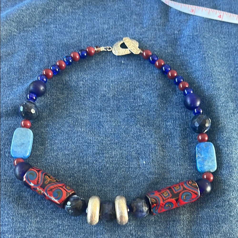 New Boho Ethnic Necklace Cobalt Red Brown Beads w Sterling Silver